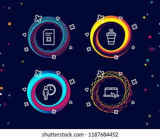 Set of Delete file, Waiting and Takeaway icons. Portable computer sign. Remove document, Service time, Takeout coffee. Notebook device.  Circle banners with line icons. Gradient colors shapes. Vector