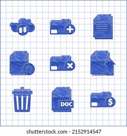 Set Delete folder, DOC file document, Finance, Upload, Trash can, Document and Cloud download and upload icon. Vector