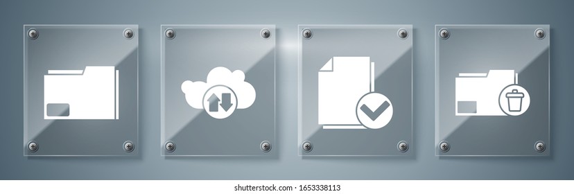 Set Delete folder, Document and check mark, Cloud download and upload and Document folder. Square glass panels. Vector