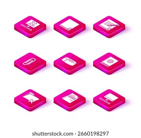 Definir Excluir pasta, Documento de arquivo, Clipe de papel, Scotch, Monitor de computador com teclado, Manual do usuário, Bloco de notas em branco e borracha lápis e ícone. Vetor