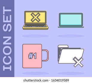 Set Delete folder, Laptop and cross mark on screen, Coffee cup and Laptop icon. Vector