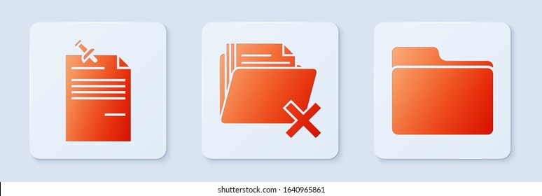 Set Delete folder, Note paper with pinned pushbutton and Document folder. White square button. Vector