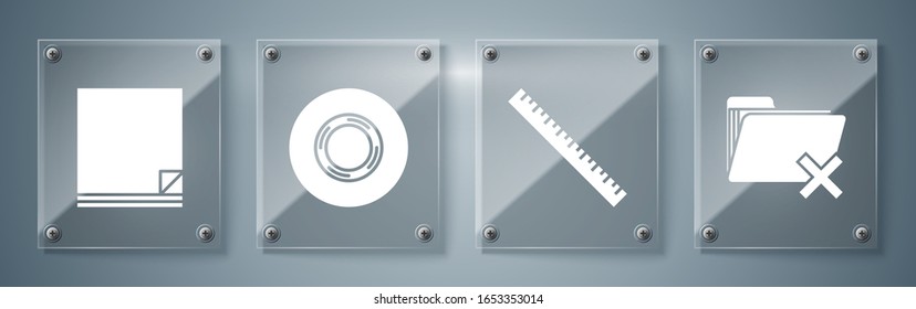 Set Delete folder, Ruler, Scotch and File document. Square glass panels. Vector