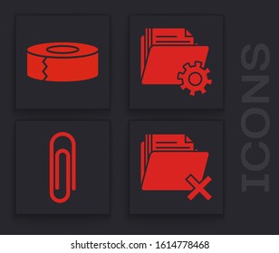 Set Delete folder, Scotch, Folder settings with gears and Paper clip icon. Vector