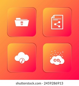 Set Delete folder, Share file, Music streaming service and CO2 emissions cloud icon. Vector