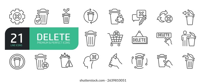 Set Of Delete Icons. Contains such icons as Erase, Garbage, Clear, Waste, Undo, Bin, Trash, Mistake, Denied, Error, Throw, Recycle, and more.