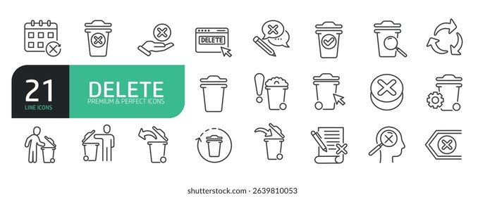 Set Of Delete Icons. Contains such icons as Erase, Garbage, Clear, Waste, Undo, Bin, Trash, Mistake, Denied, Error, Throw, Recycle, and more.