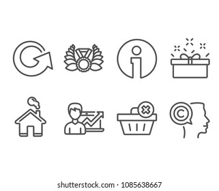 Set of Delete order, Laureate medal and Success business icons. Reload, Present box and Writer signs. Clean basket, Laurel wreath, Growth chart. Update, Sale offer, Copyrighter. Vector