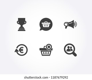 Set of Delete order, Shopping cart and Award cup icons. Exchange currency, Megaphone and Search employees signs. Clean basket, Dreaming of gift, Trophy. Vector