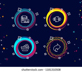 Set of Delete purchase, Currency exchange and Vacancy icons. Share sign. Remove from basket, Banking finance, Hiring job. Link.  Circle banners with line icons. Gradient colors shapes. Vector