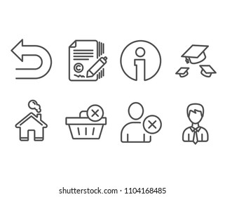 Set of Delete purchase, Delete user and Undo icons. Throw hats, Copywriting and Businessman signs. Remove from basket, Remove profile, Left turn. College graduation, Ð¡opyright signature, User data