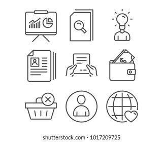 Set of Delete purchase, Wallet and Search files icons. Cv documents, Receive file and Education signs. Avatar, Presentation and International love symbols. Vector