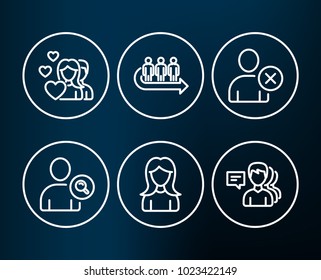 Set of Delete user, Find user and Couple icons. Queue, Woman and People signs. Remove profile, Search person, Valentines day. People waiting, Girl profile, Support job.  Editable stroke. Vector