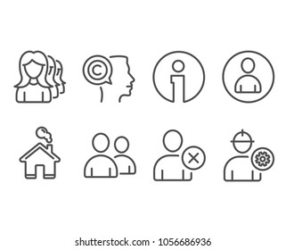 Set of Delete user, Users and Women headhunting icons. Writer, Avatar and Engineer signs. Remove profile, Couple of people, Women teamwork. Copyrighter, User profile, Worker with cogwheel. Vector