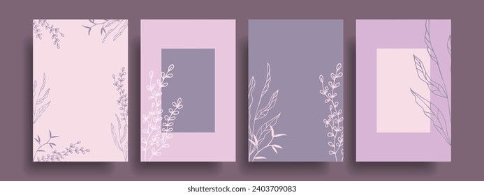 A set of delicate backgrounds with hand-drawn twigs on a lilac background. Vector.