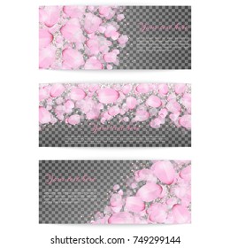A set of delicate banners with flying cherry blossoms on a transparent background for congratulations on your birthday, mother's day or St. Valentine's Day
