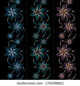 Set of delicate borders of lacy flowers made of thin lines on a black background. Floral pattern. Vector image.