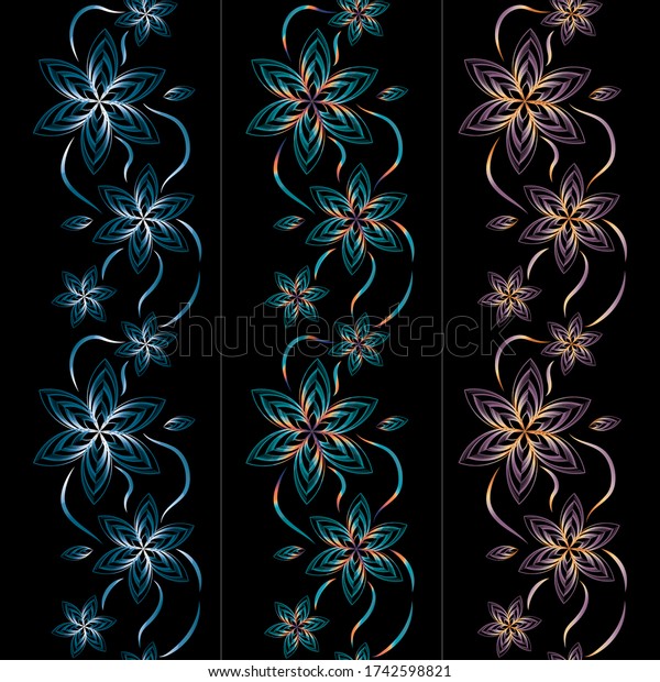 Set of delicate
borders of lacy flowers made of thin lines on a black background.
Floral pattern. Vector
image.