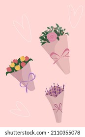 set with delicate bouquets in a paper wrapper. Lavender, peonies, roses, eucalyptus, tulips. Cartoon style.