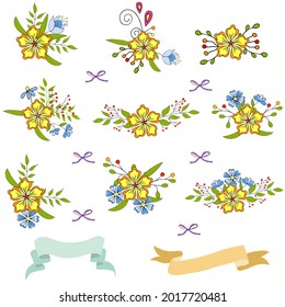 Set of delicate bouquets with yellow and blue flowers celebrate holiday. Vector hand draw  Illustration EPS10