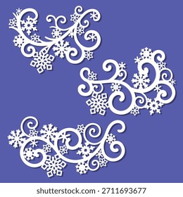Un conjunto de delicadas ramas decorativas con copos de nieve. Plantillas cortadas con láser para papel, cartón, madera y metal. Conveniente para las Navidades y las tarjetas del año Nuevo, saludos, Elementos decorativos, y más.