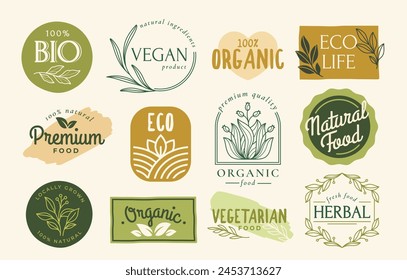 Set of delicate eco friendly logos. Hand drawn illustrations or icons for organic products and natural farm food. Labels for premium bio grocery. Cartoon flat vector collection isolated on background