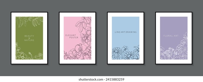 Set of delicate floral covers, templates, placards, brochures, banners, flyers and etc. Color outlite hand drawn backgrounds, postcards, posters, invitation, tags. Beautiful cards with drawing flowers