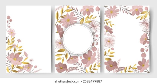 Set of delicate floral frames for greeting card, wedding invitation. Template with golden leaves and pastel flowers.