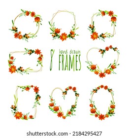 A set of delicate floral frames in a naive style with bright orange gerberas, tulips and crocuses. Premium template for covers, invitations, congratulations, promotions, discounts, etc.