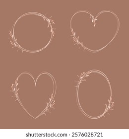 A set of delicate floral frames in a naive style with elegant branches. Shades of trendy warm earthy brown. Premium template for covers, invitations, greetings, promotions, discounts, etc.