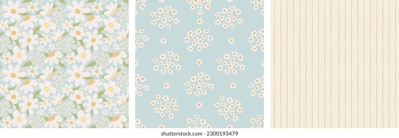 Reihe von zarten Blumenmustern. Kamille, Wildblumen, Streifen in Pastellfarben. nahtloses Muster für Gewebe und Innenposter