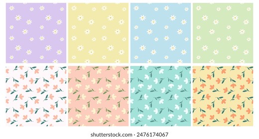 Set of delicate floral patterns in pastel colors. Vector seamless patterns, flat design. Floral, summer, spring ornaments