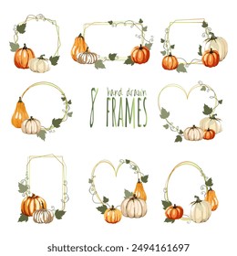 A set of delicate frames in a naive style with watercolor pumpkins in white and orange shades, green leaves and vines. Autumn color palette. Premium template for  invitations, congratulations