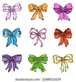 Set of delicate hand drawn bows. Sketch-style illustration of collection of elegant ribbon bows in various shapes and sizes. Charming design, perfect for decorations, packaging and fashion projects.