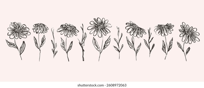Set of delicate hand drawn sketch textured black flowers. Elegant outline ink drawing floral elements for women poster and feminine greeting card design, banner, logo, sticker