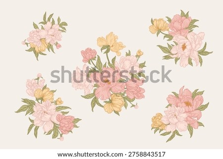 Set of delicate hand-drawn peony bouquets in soft pink, peach and yellow tones with green leaves. Elegant botanical illustrations. Colorful