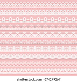 Set of delicate lace borders for design. White seamless ribbons on a pink background. Vector illustration.