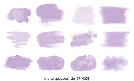 Conjunto de delicadas manchas de aquarela de lavanda. Pinceladas roxas claras de diferentes formas. Gráficos vetoriais de clip-art
