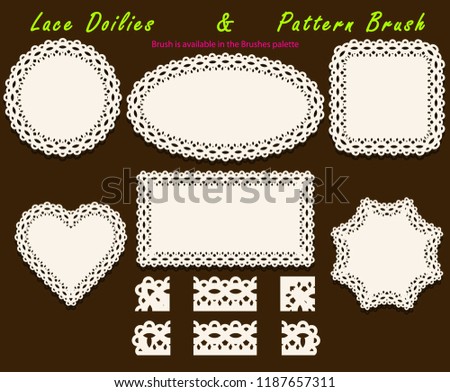 Set of delicate openwork White Lace pattern brush and different lacy napkins, doilies and tracery elements. Vector illustration.