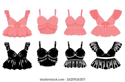 Set of delicate pink and black bras. Clip arts collection of brassieres with ruffles and bows. Feminine swimsuit isolated from the background. Clothing elements for icons and stickers