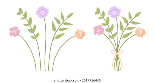 Set of delicate pink, orange, and violet flowers, branches with green leaves. Bouquet on white background. Bunch of wildflowers. Vector illustration for design projects