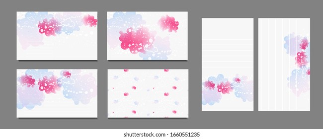 Set of delicate pink pastel muted templates with clouds and graphic geometric elements