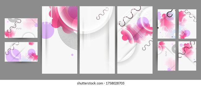 Set of delicate pink pastel muted templates with clouds and graphic geometric elements