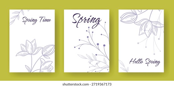 Set of delicate spring cards. Layouts with flowers, herbs, and text. Hello Spring. Templates for flyers, leaflets, booklets, and postcards, vector graphics