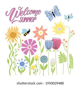 Set of delicate summer flowers and inscriptions - welcome summer - in vector graphics on awhite background. For the design of postcards, posters, notebook covers, packaging, prints for packages.