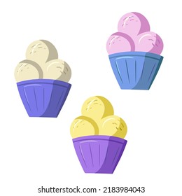 A set of delicate sweet cold dessert, fruit and vanilla ice cream in different glasses, cartoon vector illustration on a white background