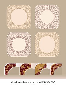 A set of delicate symmetrical square vignettes with rounded corners. Ornament with plastic lines. A colored element of pieces, which is an integral part of the ornament.