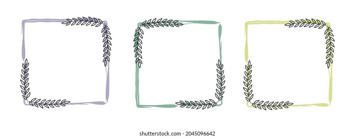 A set of delicate watercolor frames decorated with leaves. The colors are purple, dark green, yellow. Square frame for the design of wedding invitations, postcards. Vector illustration.