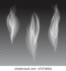 Set of delicate white cigarette smoke waves on transparent background, digital realistic smoke, vector 3D illustration. Wisps of smoke several options
