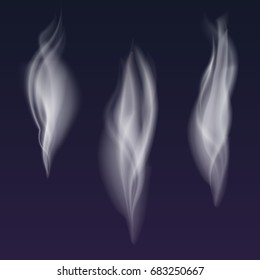 Set of delicate white cigarette smoke waves on transparent background, digital realistic smoke, vector 3D illustration. Wisps of smoke several options